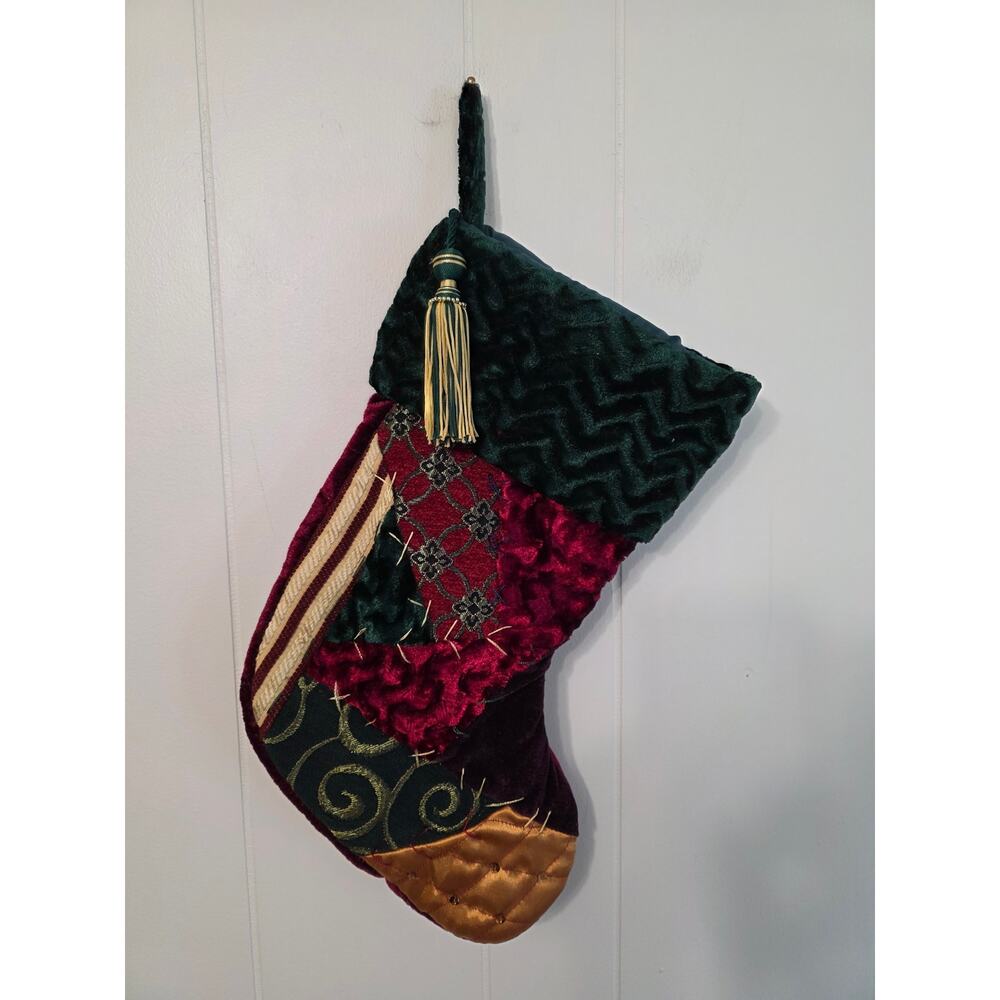 VTG y2k Multicolor Patchwork Christmas Stocking Quilted Holiday Decor Festive